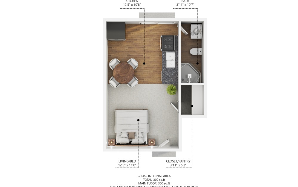 S1 - Studio floorplan layout with 1 bathroom and 300 square feet (2D)