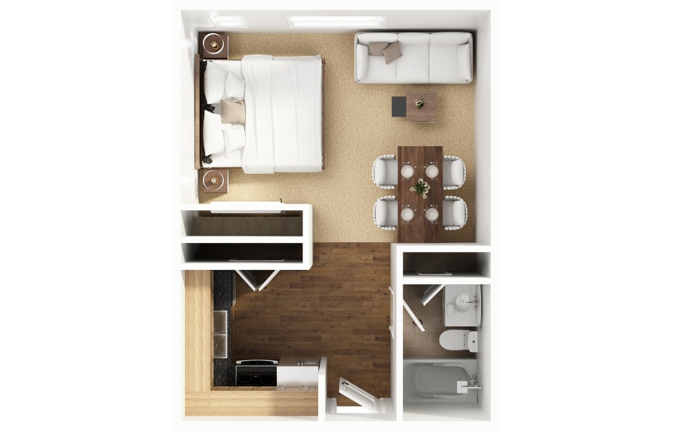 S2 - Studio floorplan layout with 1 bathroom and 450 square feet (3D)