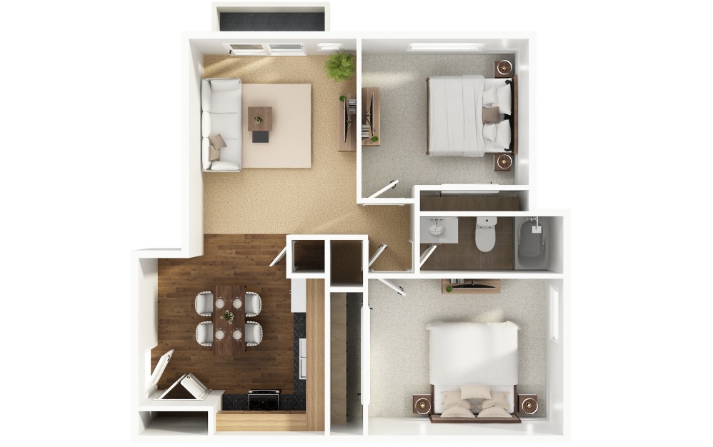 B4 - 2 bedroom floorplan layout with 1 bathroom and 815 - 825 square feet (3D)
