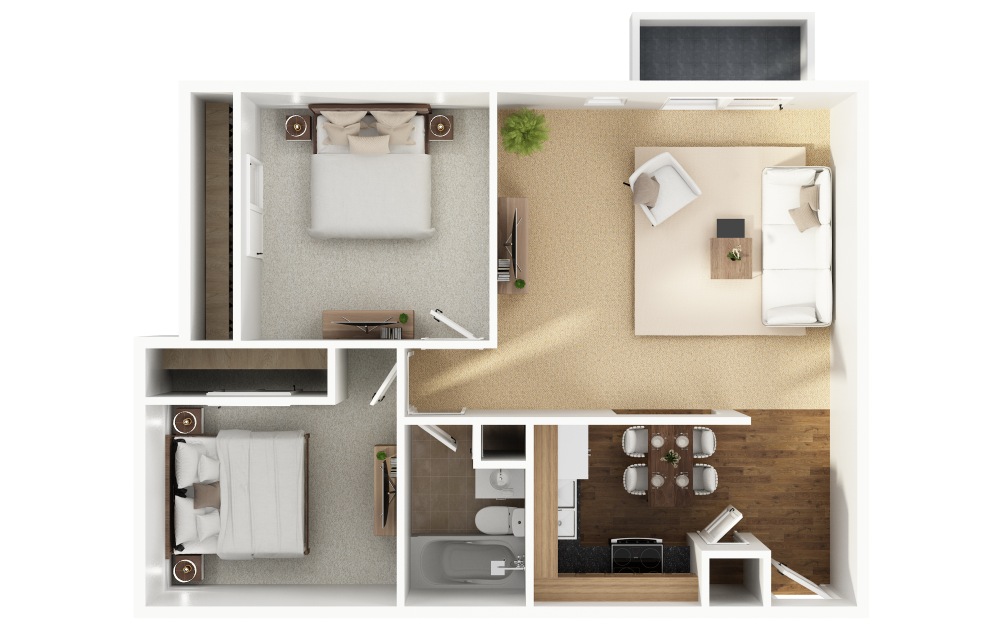 B5 - 2 bedroom floorplan layout with 1 bathroom and 825 square feet (Layout 1, 3D)