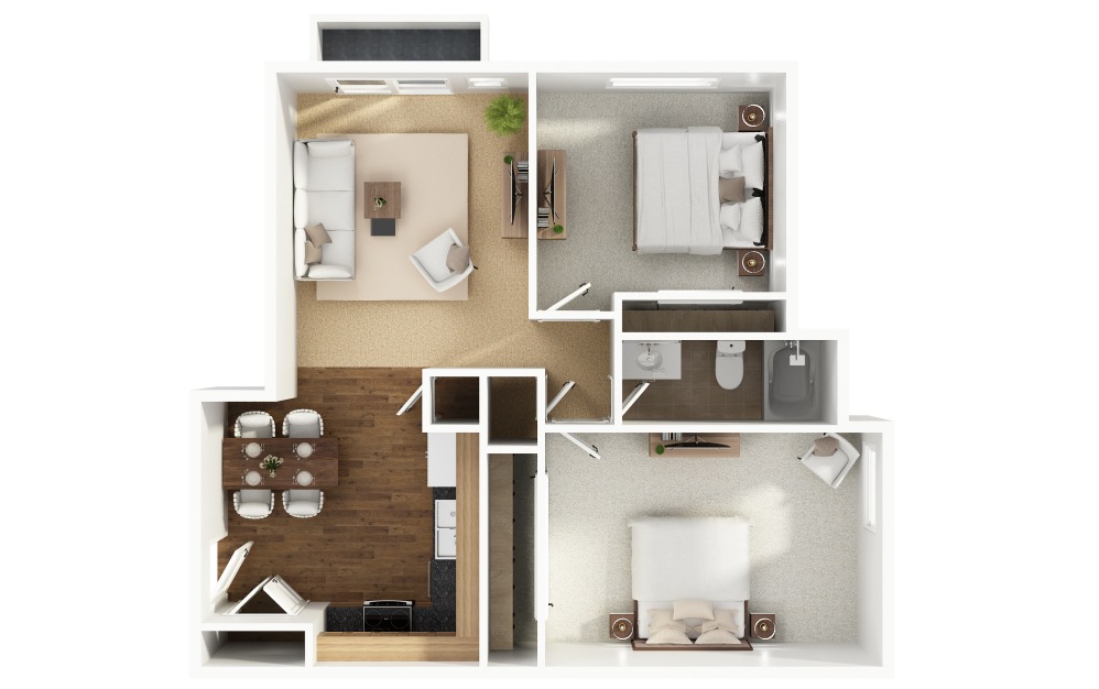 B5 - 2 bedroom floorplan layout with 1 bathroom and 825 square feet (Layout 2, 3D)