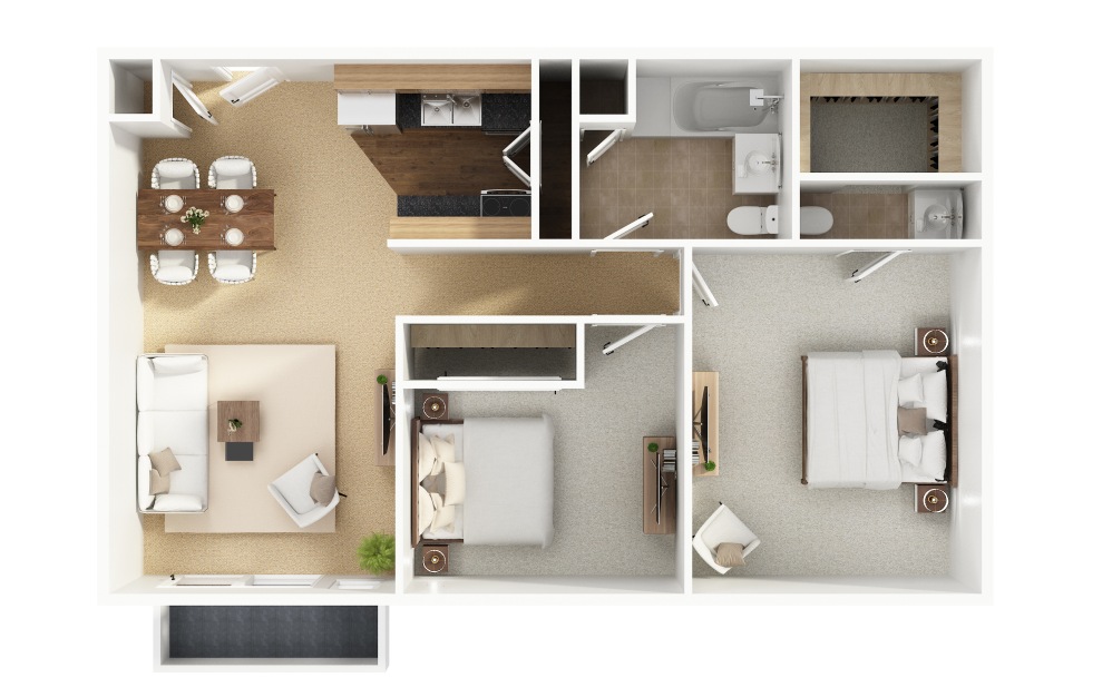 B8 - 2 bedroom floorplan layout with 1.5 bathroom and 850 square feet (Floor 1, 3D)