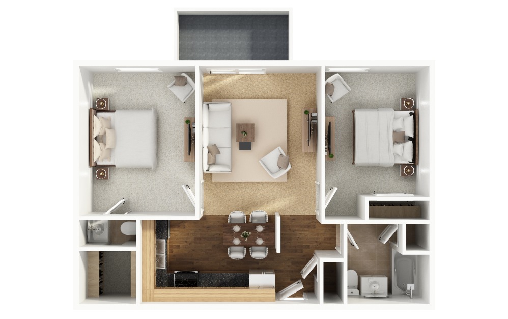 B8 - 2 bedroom floorplan layout with 1.5 bathroom and 850 square feet (Floor 2, 3D)