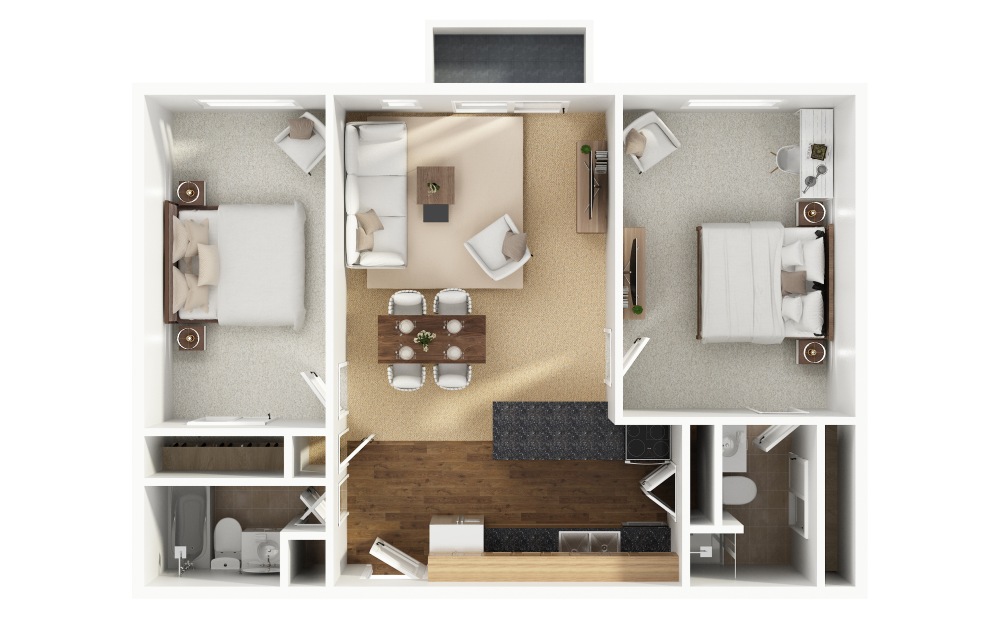 B9 - 2 bedroom floorplan layout with 2 bathrooms and 850 square feet (3D)