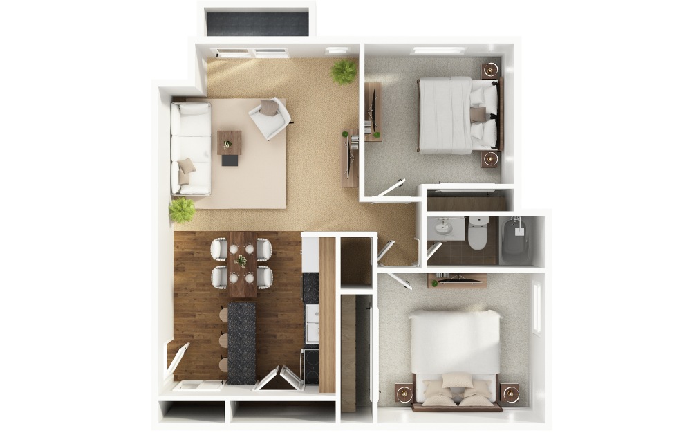 B10 - 2 bedroom floorplan layout with 1 bathroom and 870 square feet (3D)