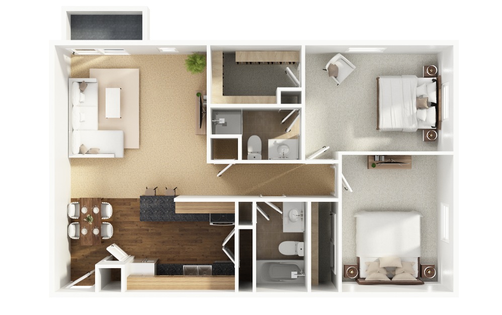B11 - 2 bedroom floorplan layout with 2 bathrooms and 950 - 1000 square feet (Layout 1, 3D)