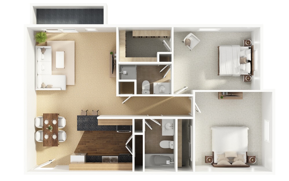B11 - 2 bedroom floorplan layout with 2 bathrooms and 950 - 1000 square feet (Layout 3, 3D)