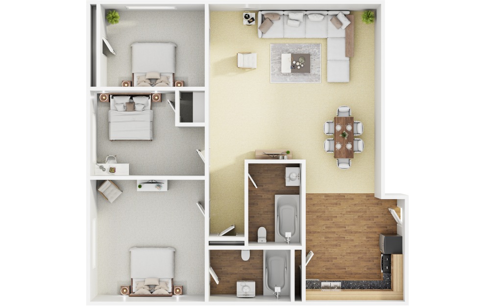 C1 - 3 bedroom floorplan layout with 1.5 bathroom and 950 square feet (Layout 3, 3D)