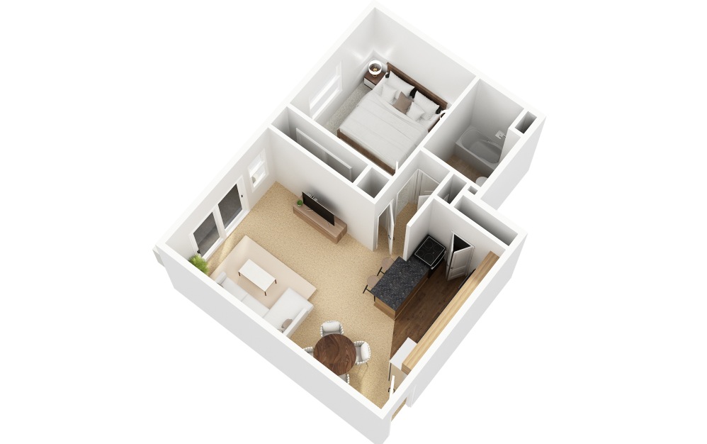 A2 - 1 bedroom floorplan layout with 1 bathroom and 600 square feet (3D)