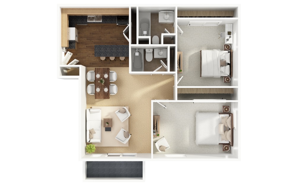 B11 - 2 bedroom floorplan layout with 2 bathrooms and 950 - 1000 square feet (Layout 4, 3D)