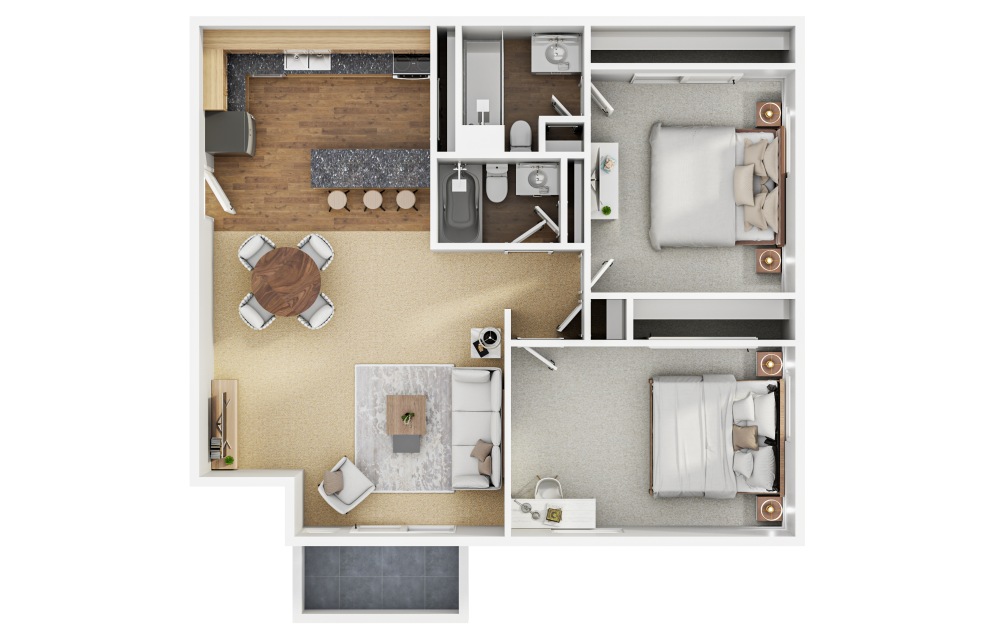 B11 - 2 bedroom floorplan layout with 2 bathrooms and 950 - 1000 square feet (Layout 2, 3D)