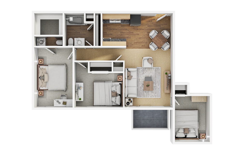 C1 - 3 bedroom floorplan layout with 1.5 bathroom and 950 square feet (Layout 2, 3D)