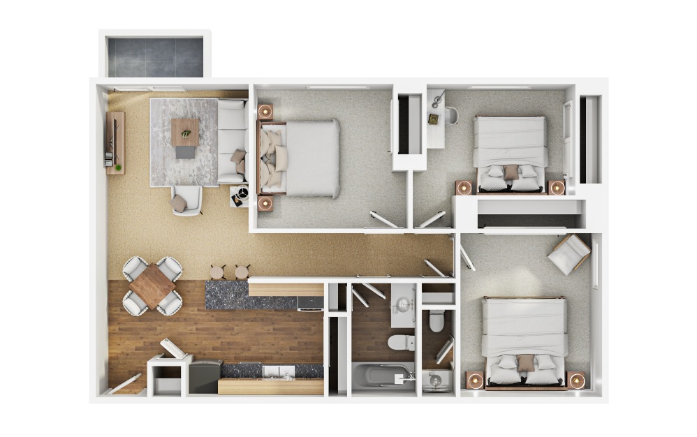 C1 - 3 bedroom floorplan layout with 1.5 bathroom and 950 square feet (Layout 1, 3D)