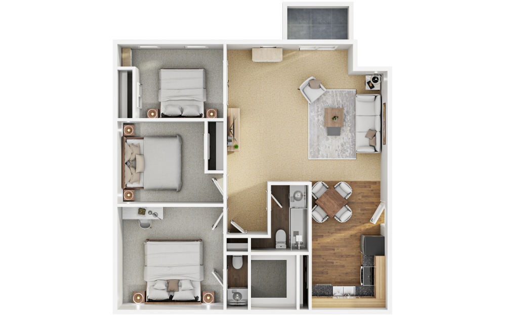 C4 - 3 bedroom floorplan layout with 2 bathrooms and 1000 square feet (Layout 2, 3D)
