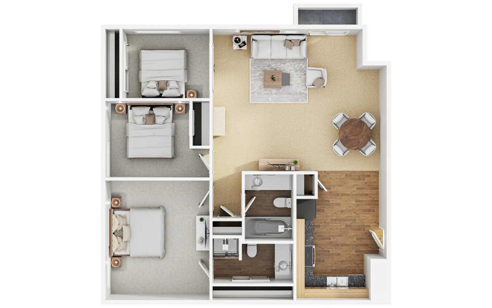 C4 - 3 bedroom floorplan layout with 2 bathrooms and 1000 square feet (Layout 1, 3D)