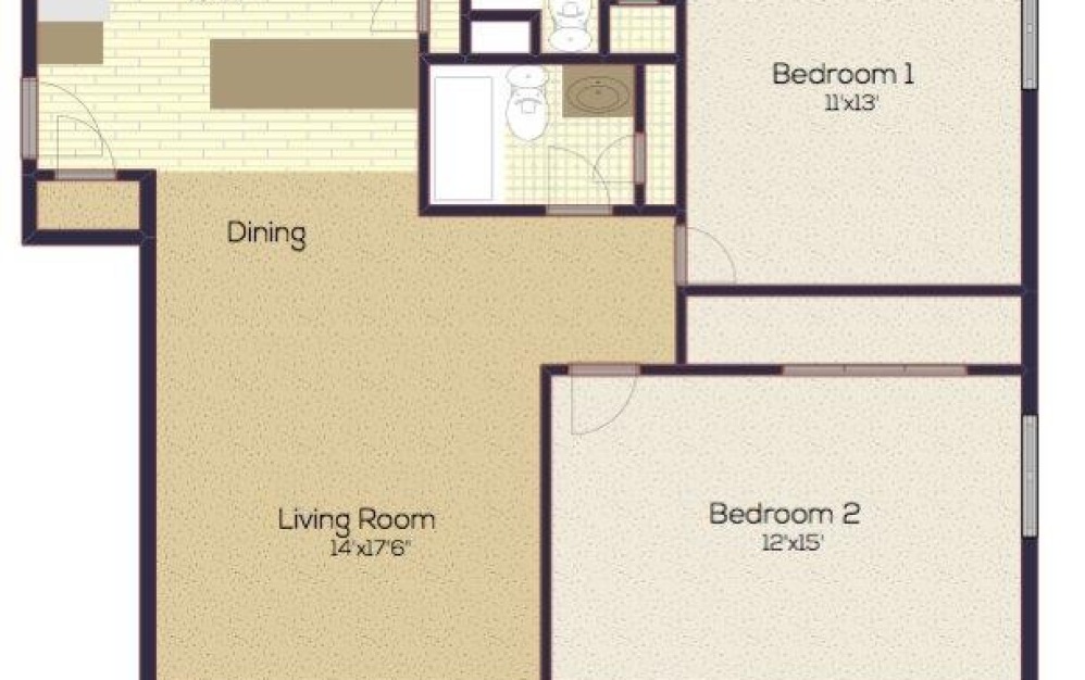 B11 - 2 bedroom floorplan layout with 2 bathrooms and 950 - 1000 square feet (Layout 4, 2D)
