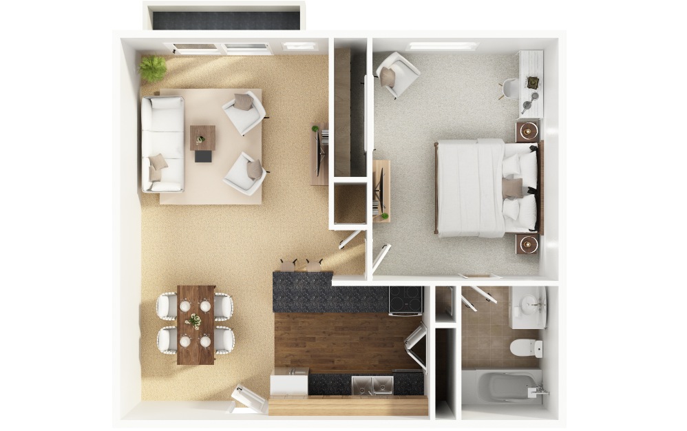 A3 - 1 bedroom floorplan layout with 1 bathroom and 640 square feet (Layout 1, 3D)