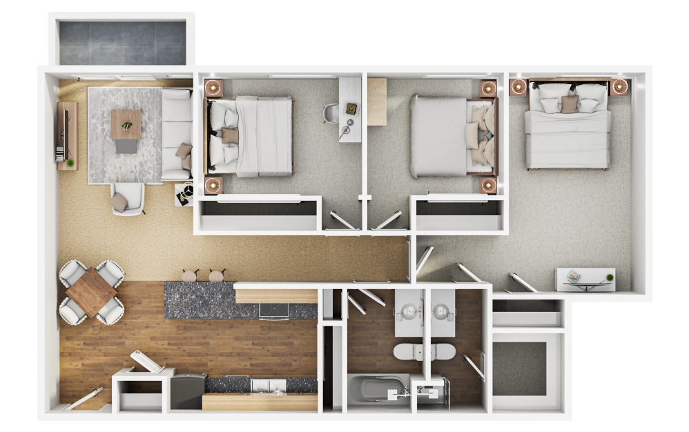 C5 - 3 bedroom floorplan layout with 2 bathrooms and 1030 square feet (3D)