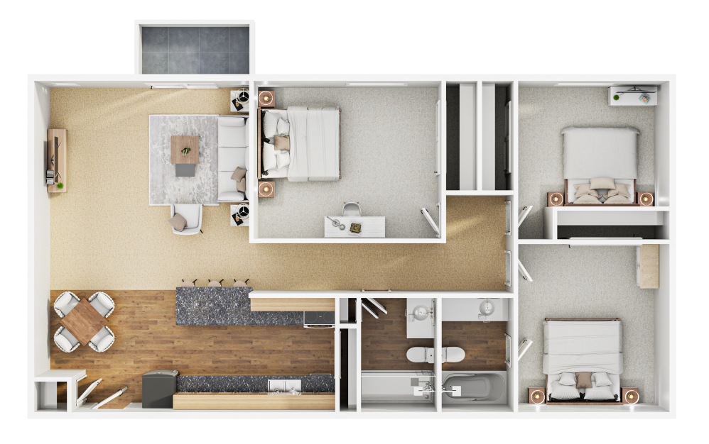 C6 - 3 bedroom floorplan layout with 2 bathrooms and 1075 square feet (3D)