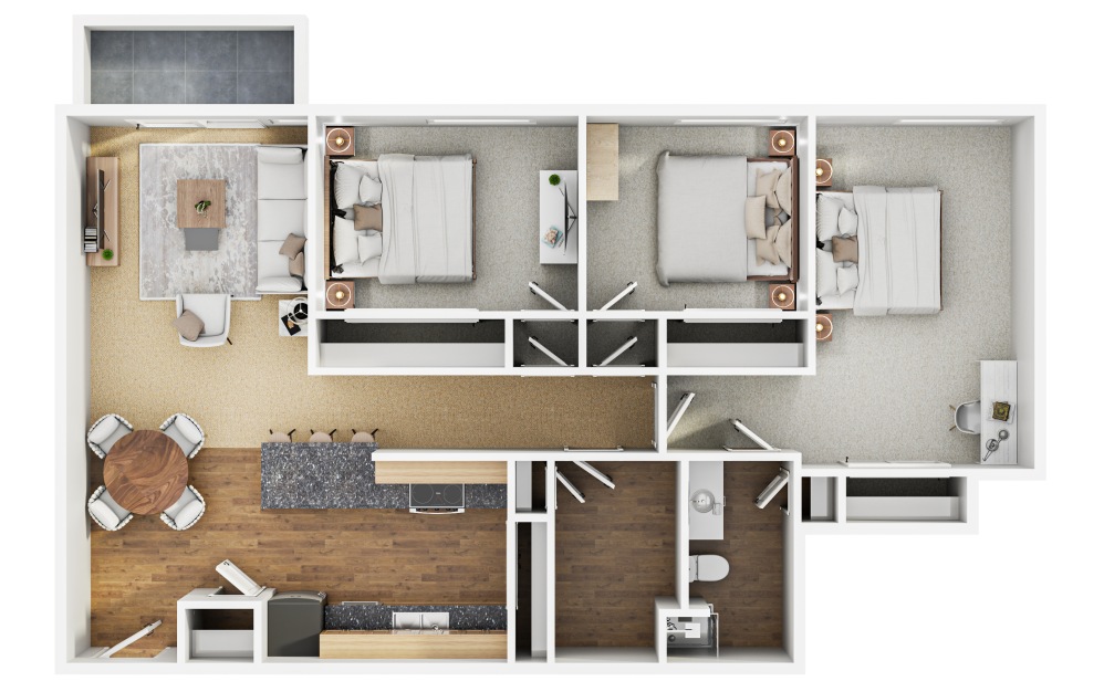C7 - 3 bedroom floorplan layout with 2 bathrooms and 1080 square feet (3D)