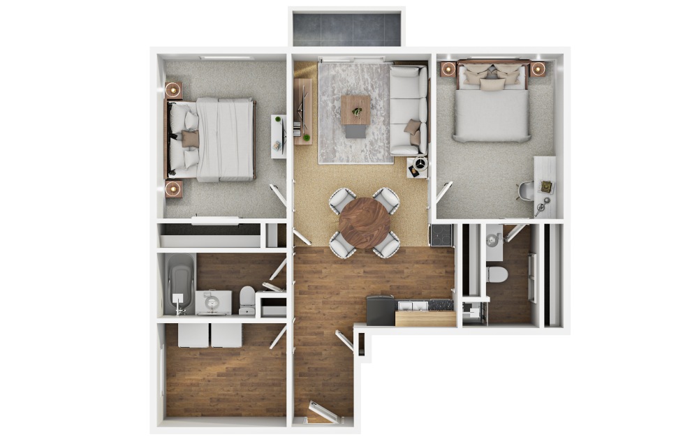 C8 - 3 bedroom floorplan layout with 2 bathrooms and 1100 square feet (3D)
