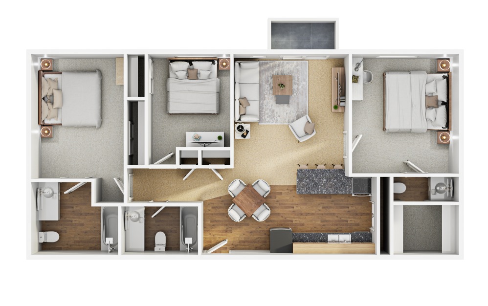 C9 - 3 bedroom floorplan layout with 2.5 bathrooms and 1200 square feet (3D)