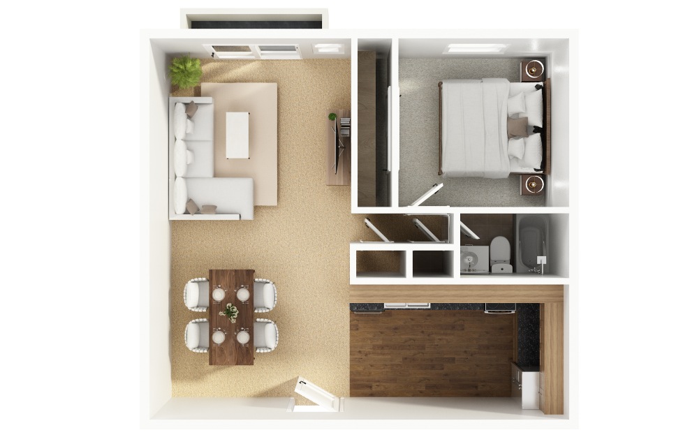 A4 - 1 bedroom floorplan layout with 1 bathroom and 670 square feet (3D)