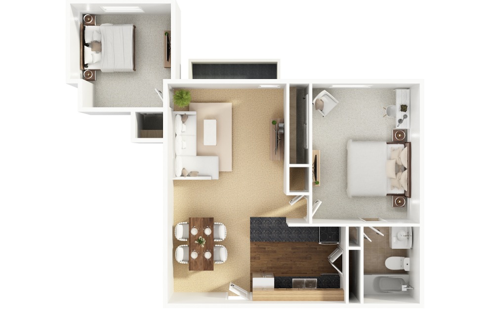 B1 - 2 bedroom floorplan layout with 1 bathroom and 720 square feet (3D)