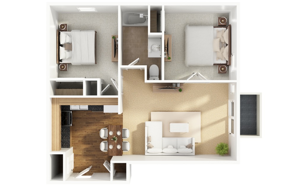 B2 - 2 bedroom floorplan layout with 1 bathroom and 780 square feet (Layout 1, 3D)
