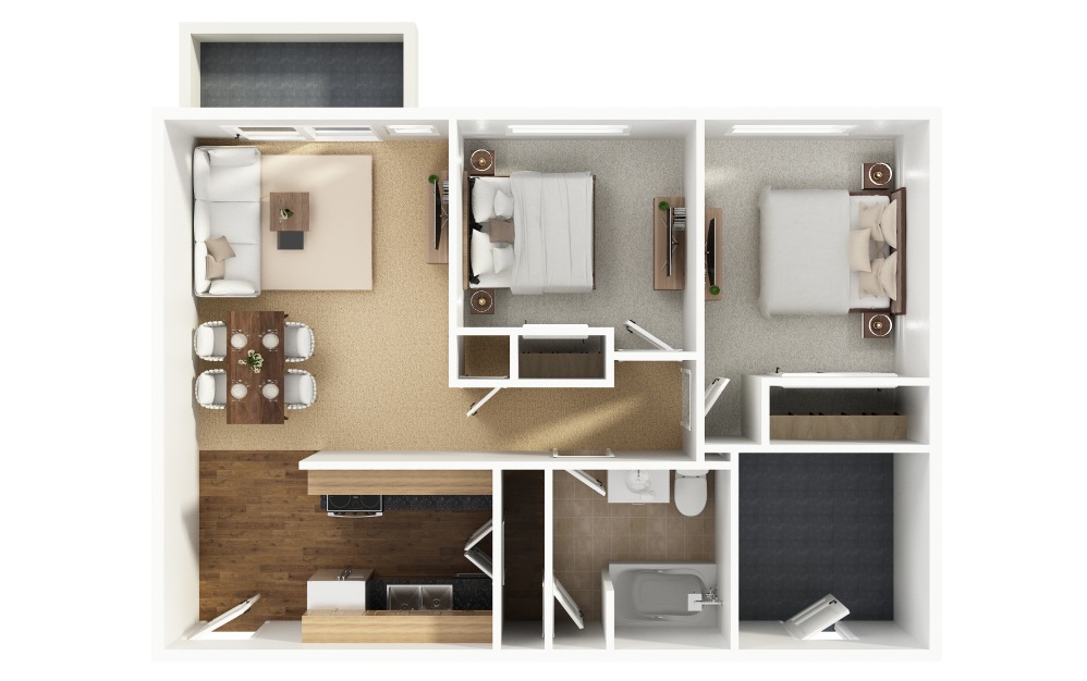 B2 - 2 bedroom floorplan layout with 1 bathroom and 780 square feet (Layout 2, 3D)