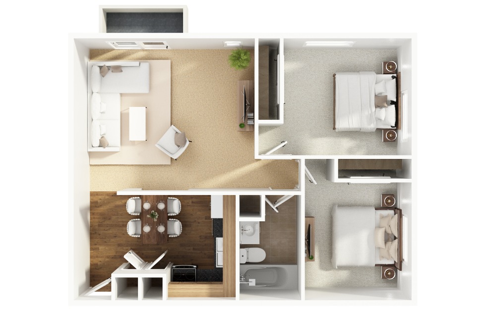 B2 - 2 bedroom floorplan layout with 1 bathroom and 780 square feet (Layout 3, 3D)