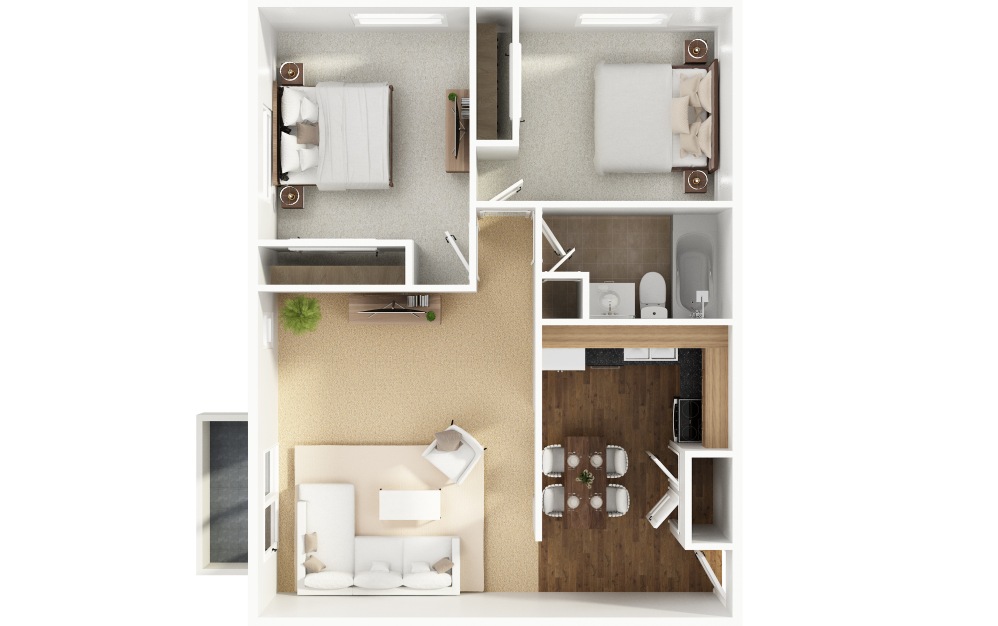 B3 - 2 bedroom floorplan layout with 1 bathroom and 805 square feet (3D)