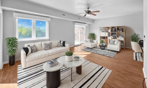 a living room with a couch and a coffee table