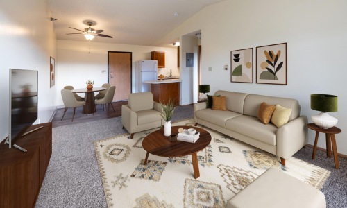 a living room with a couch and a coffee table